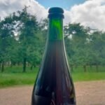 Bouteille de cidre devant les verger